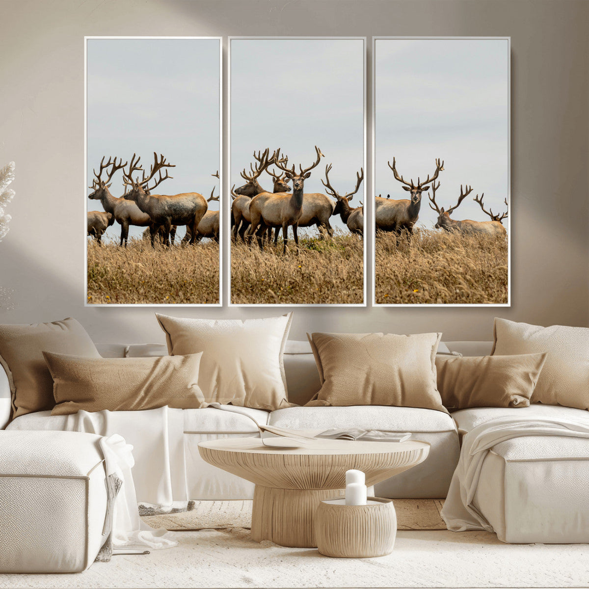 Elk Herd Wall Art Canvas Print, Framed Wildlife Photography Art, Majestic Antlers Rustic Wildlife Decor