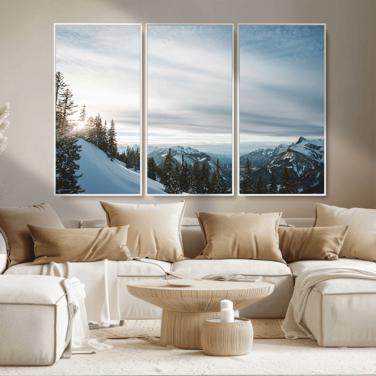 Snowy Mountains Wall Art Canvas Print, Framed Alpine Landscape Frosty Peaks Artwork