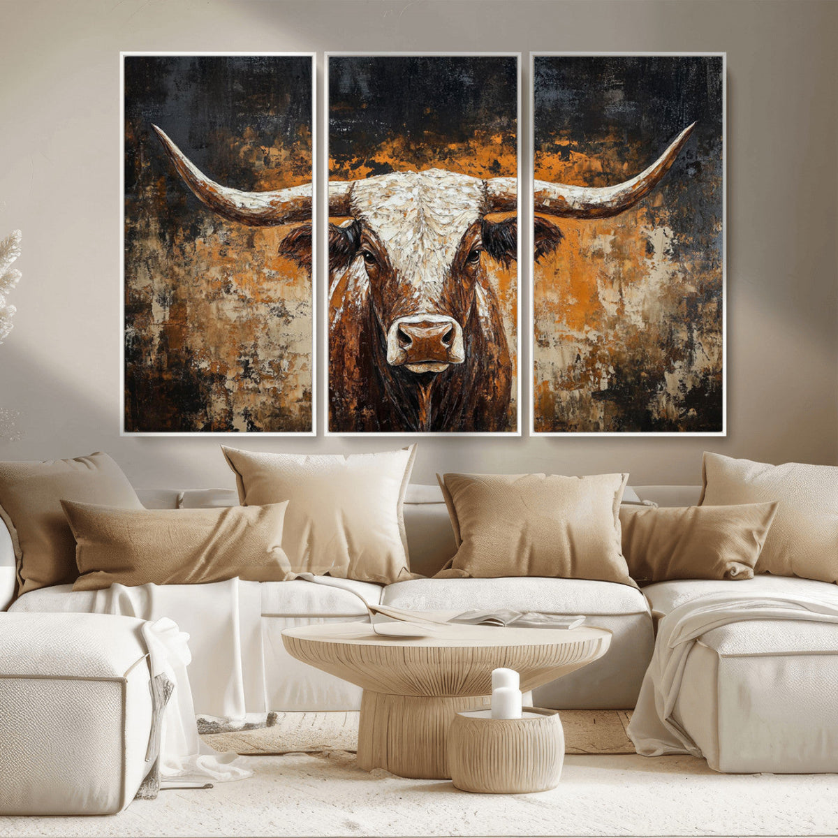 Abstract Longhorn Bull Wall Art Canvas Print, Vintage Western Texas Steer Artwork