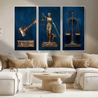 Lady Justice Wall Art Canvas Print, Elegant Gold Legal Symbols on Blue, Law Office Decor