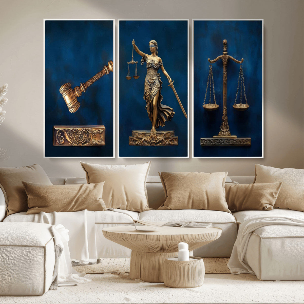 Lady Justice Wall Art Canvas Print, Elegant Gold Legal Symbols on Blue, Law Office Decor