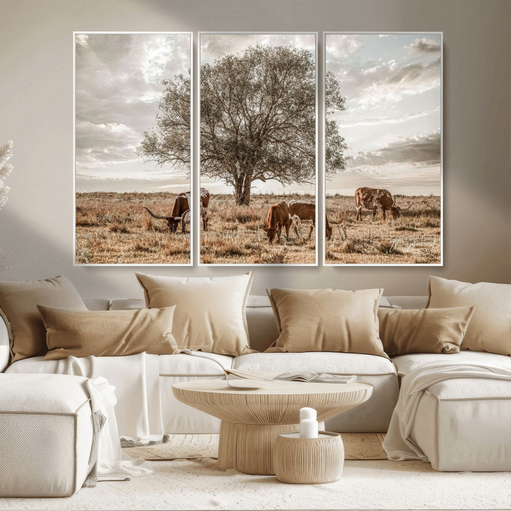 Texas Longhorn Cattle Wall Art, Rustic Western Ranch Canvas