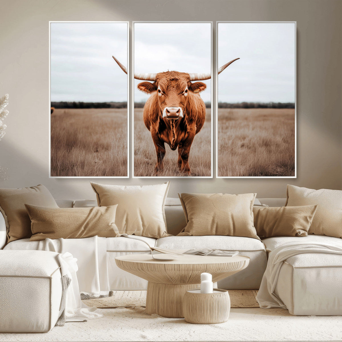Longhorn Bull Wall Art Canvas Print, Framed Rustic Decor