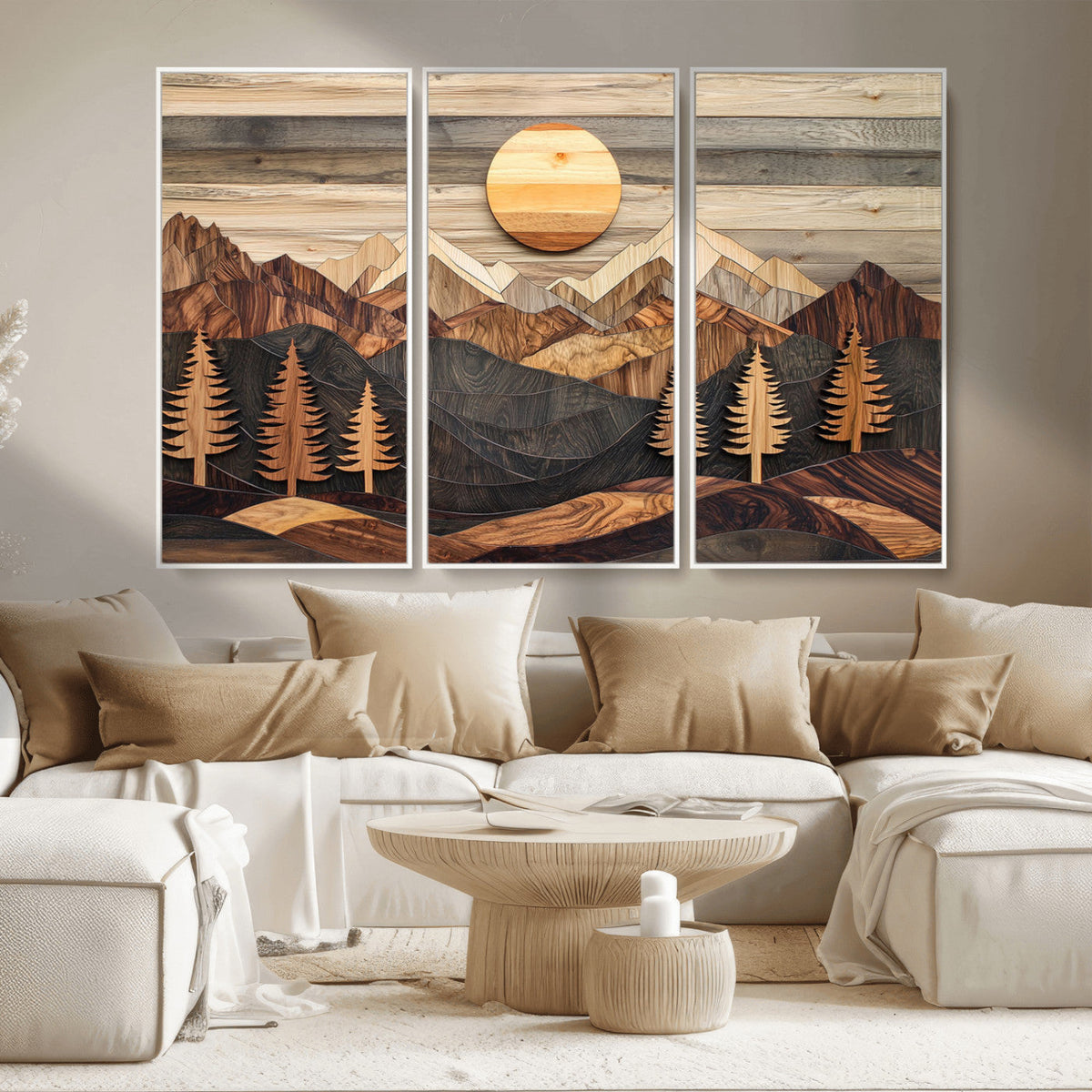 Wooden Mountain Layers Art | Rustic Pine Tree Landscape