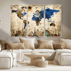 World Map Canvas Print | Vintage Blue and Gold World Map Wall Art