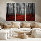 Red Forest Floor Canvas Wall Art | Mystical Foggy Woodland Triptych