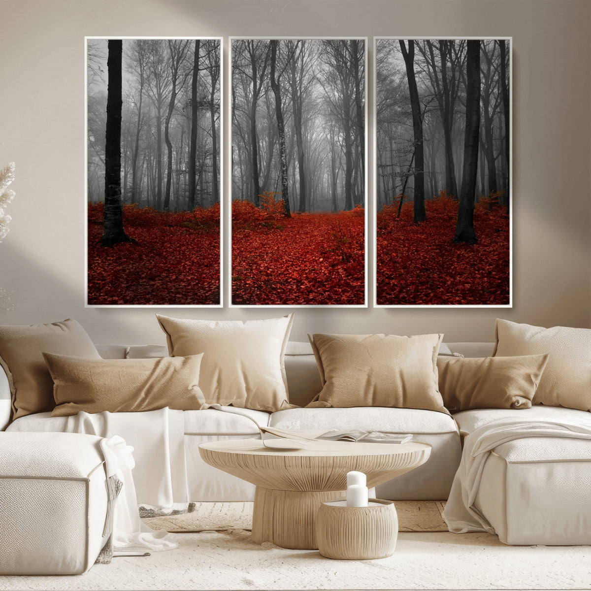 Red Forest Floor Canvas Wall Art | Mystical Foggy Woodland Triptych