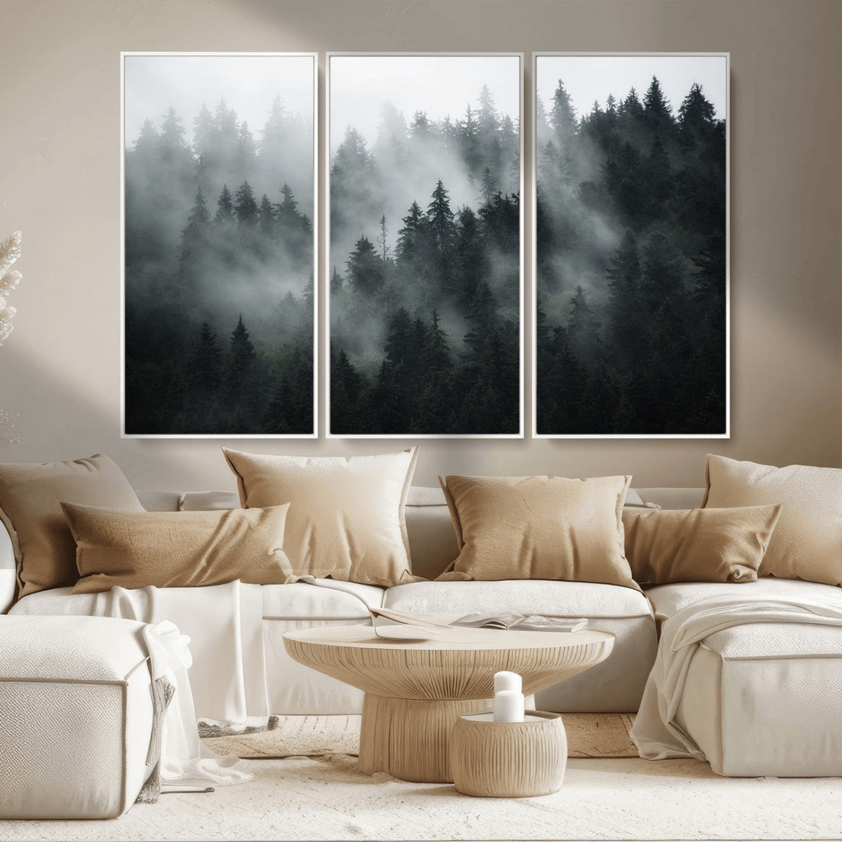Foggy Forest Wall Art Canvas Print | 3 Panel Large Misty Landscape