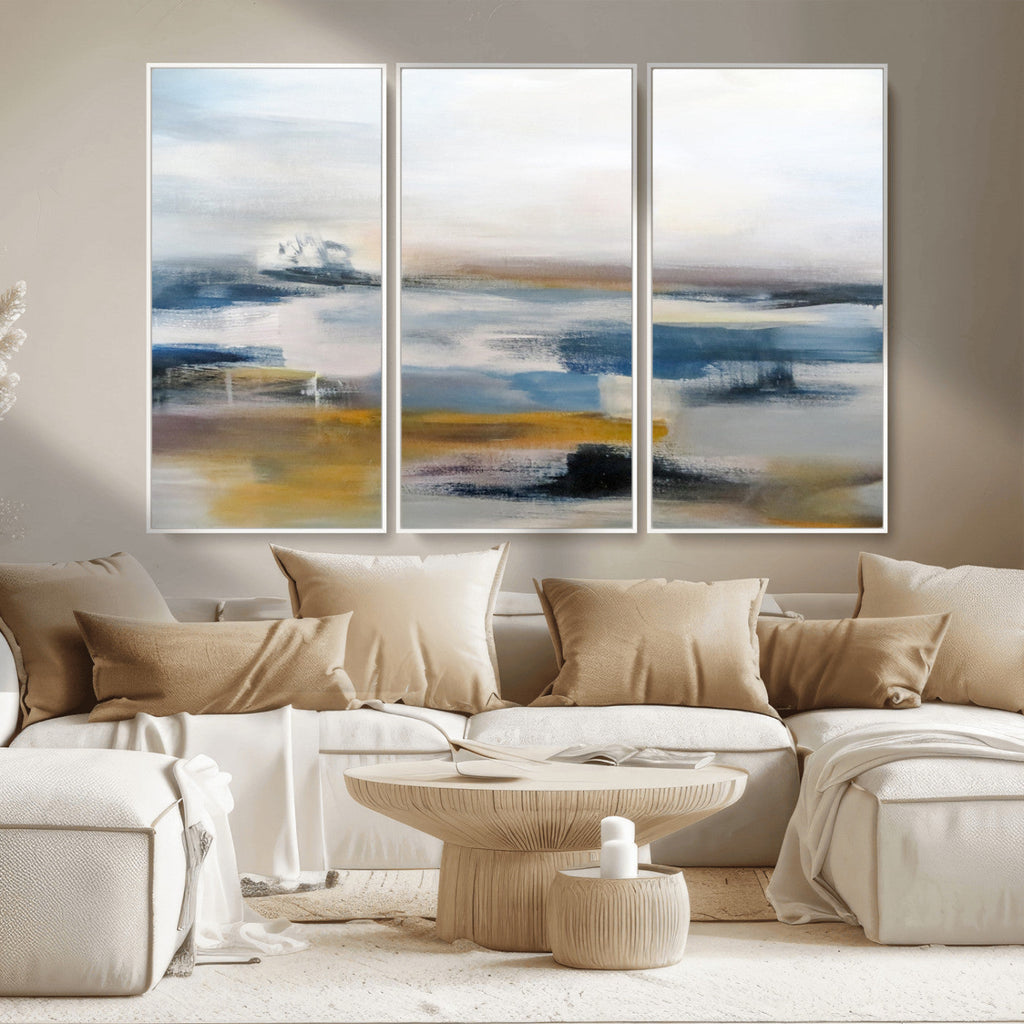 Abstract Landscape Wall Art Canvas | 3 Panel Modern Blue, Gold and White Canvas Art