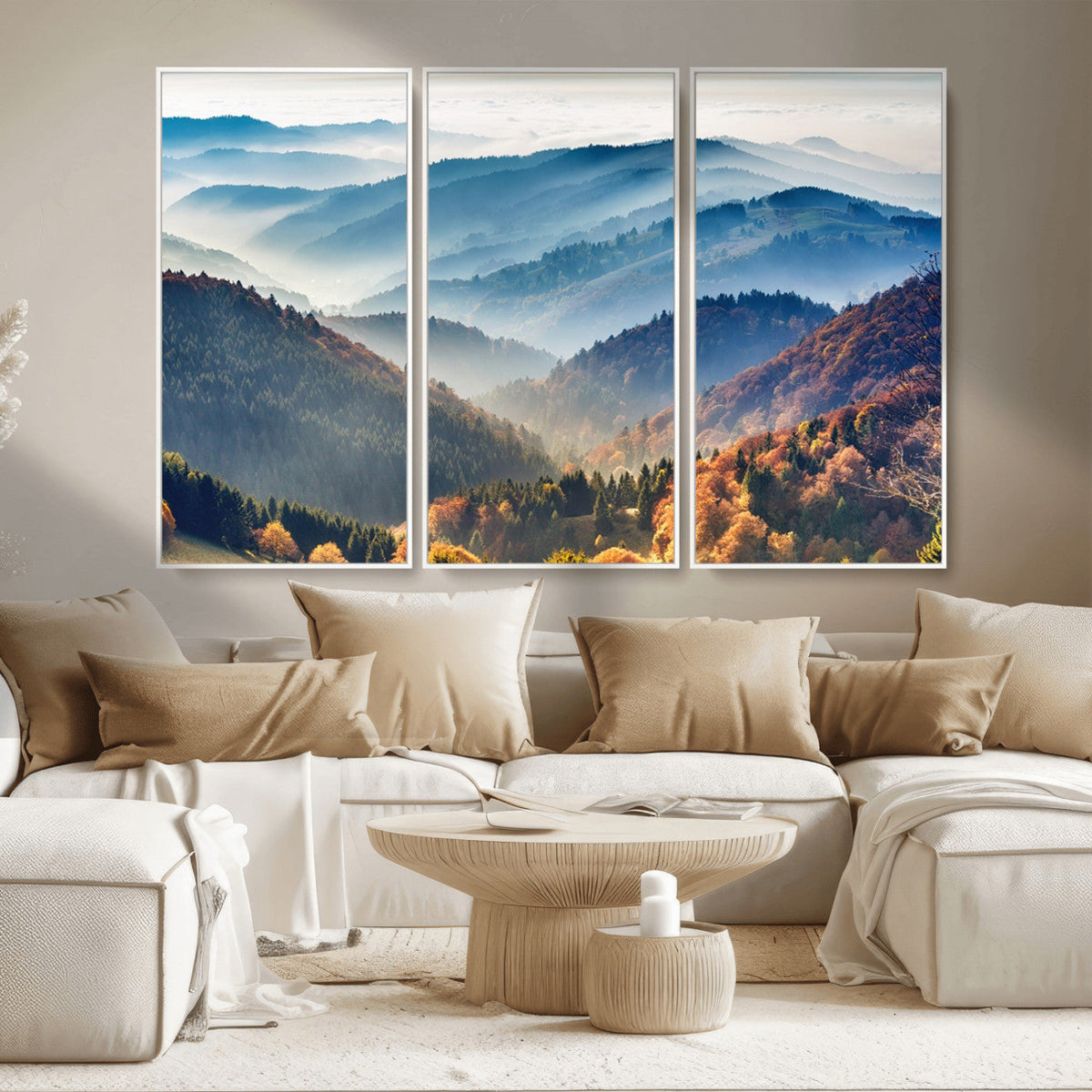 Misty Mountain Sunrise Triptych Canvas Print | Autumn Landscape Wall Art