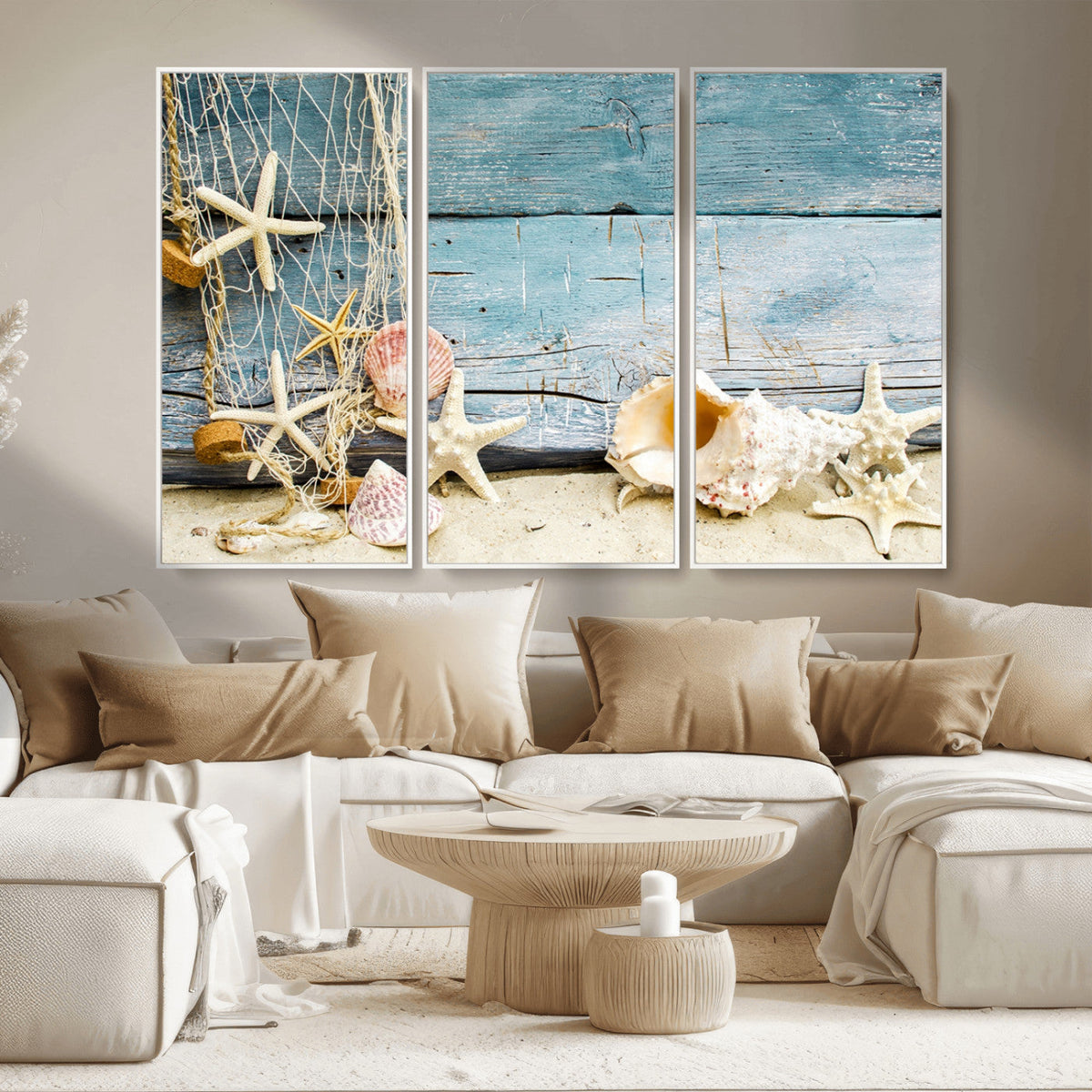 Seashells on Rustic Wooden Background, Seashells Wall Art