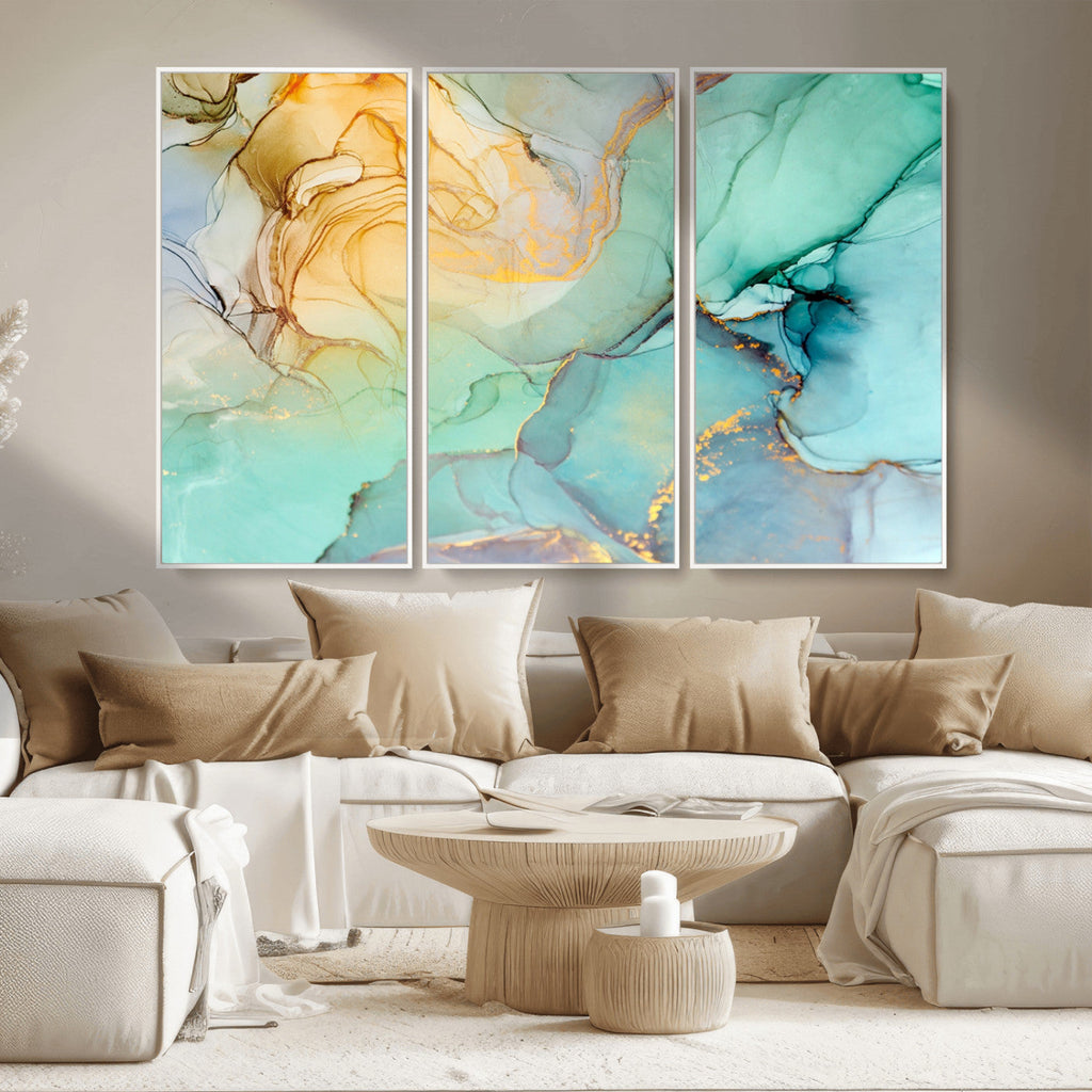 Abstract Aqua and Gold Fluid Wall Art Canvas | 3 Panel Large Canvas Print