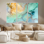 Abstract Aqua and Gold Fluid Wall Art Canvas | 3 Panel Large Canvas Print