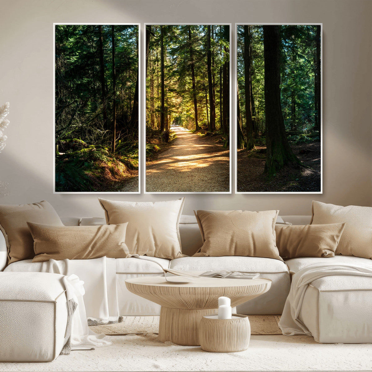 Sunlit Forest Pathway Canvas Print | 3 Panel Large Nature Wall Art
