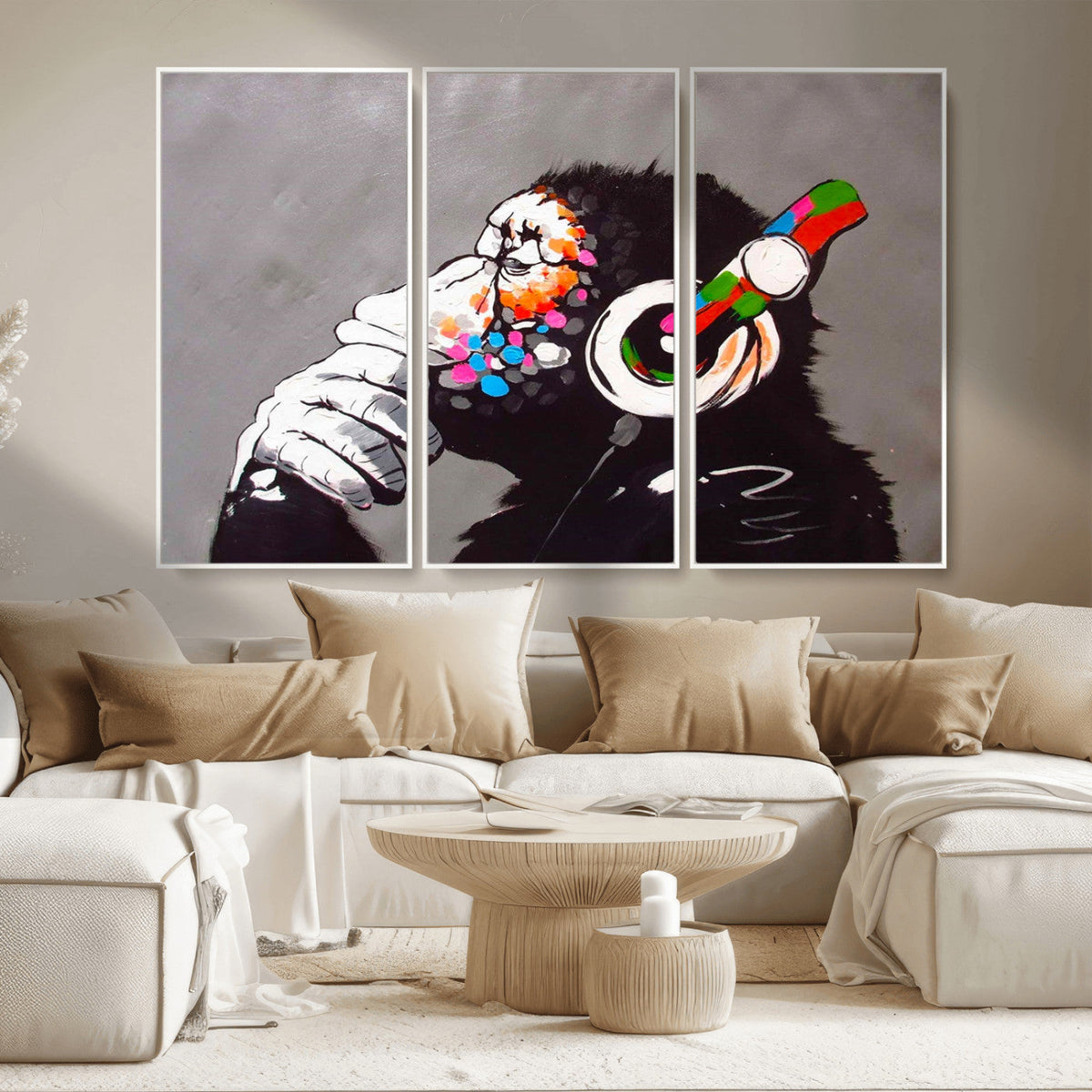 DJ Monkey Listening to Music Wall Art Print | Banksy Monkey Large Canvas Print