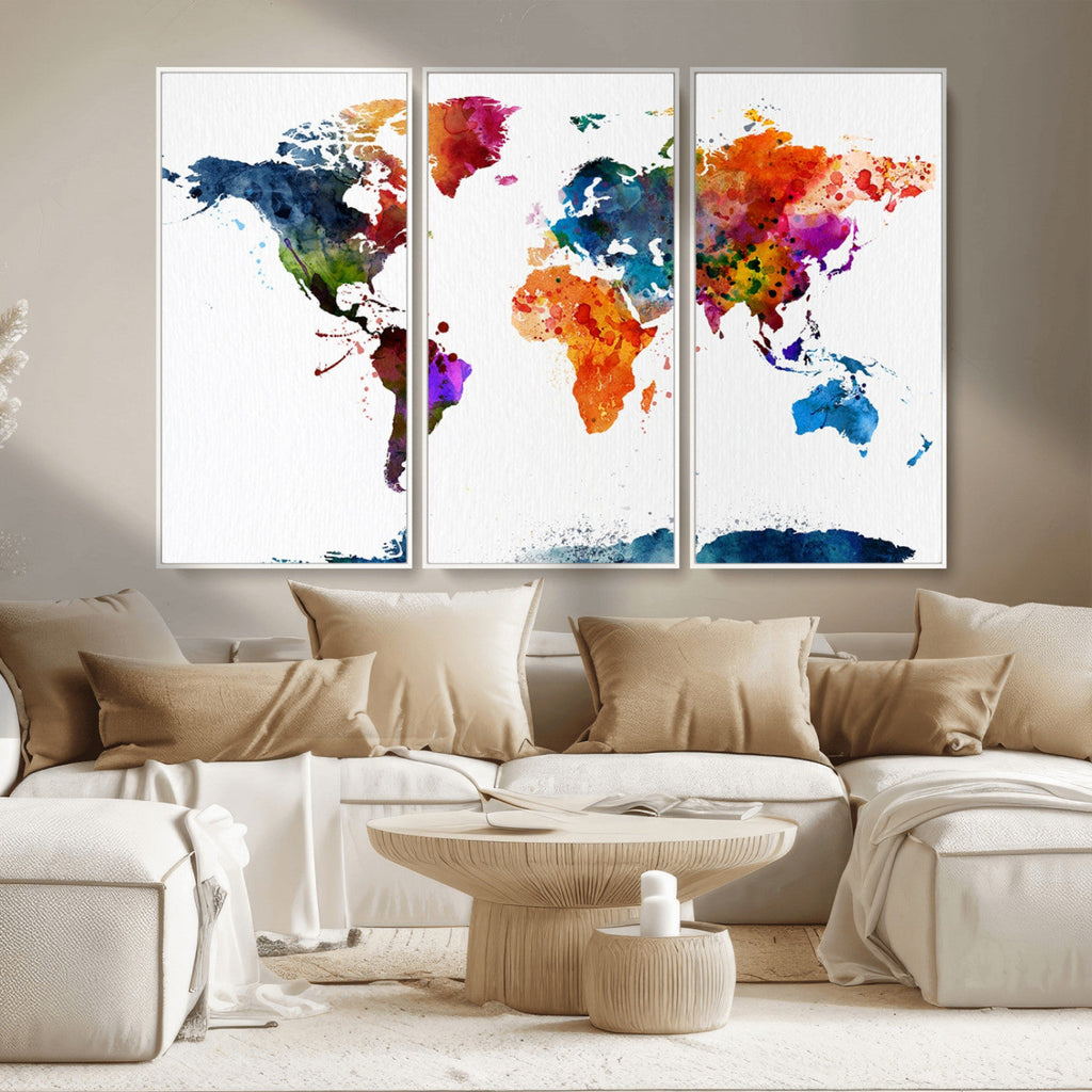 Bold Colorful World Map Canvas Print | Detailed Map of the World Wall Art
