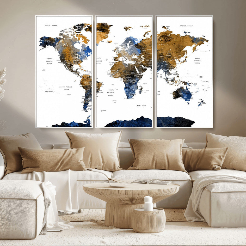 Modern Abstract World Map Canvas Wall Art | Framed Blue and Gold Map Print