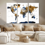 Modern Abstract World Map Canvas Wall Art | Framed Blue and Gold Map Print
