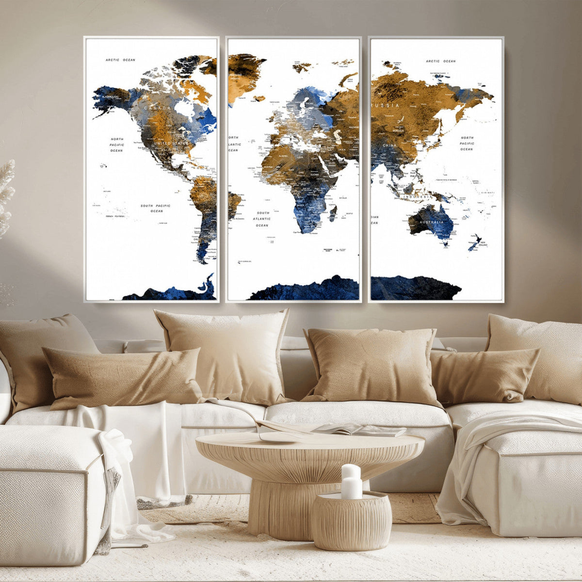 Modern Abstract World Map Canvas Wall Art | Framed Blue and Gold Map Print