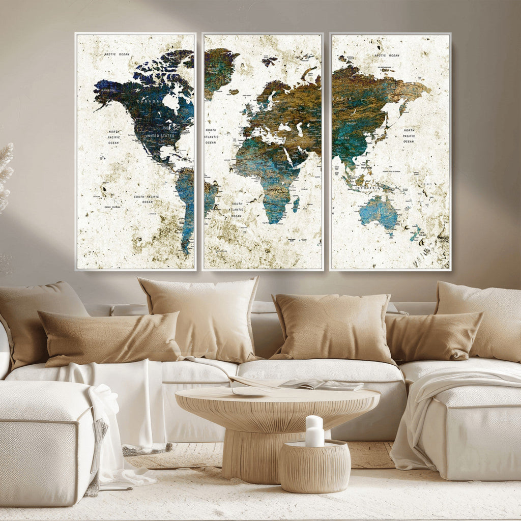 Vintage World Map Wall Art Canvas Print, Framed Rustic Earth Tone Map