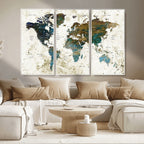 Vintage World Map Wall Art Canvas Print, Framed Rustic Earth Tone Map