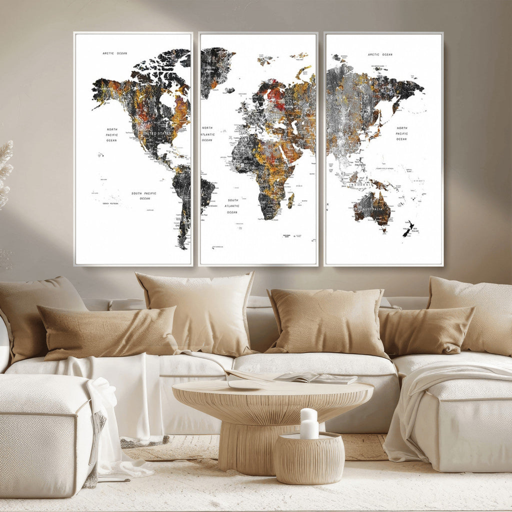 Modern Metallic World Map Canvas Wall Art | Framed Contemporary World Map Print