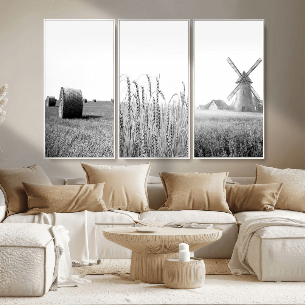 Vintage Farmhouse Black and White Triptych Wall Art, Giclee Canvas with Wheat Fields, Hay Bales and Windmill