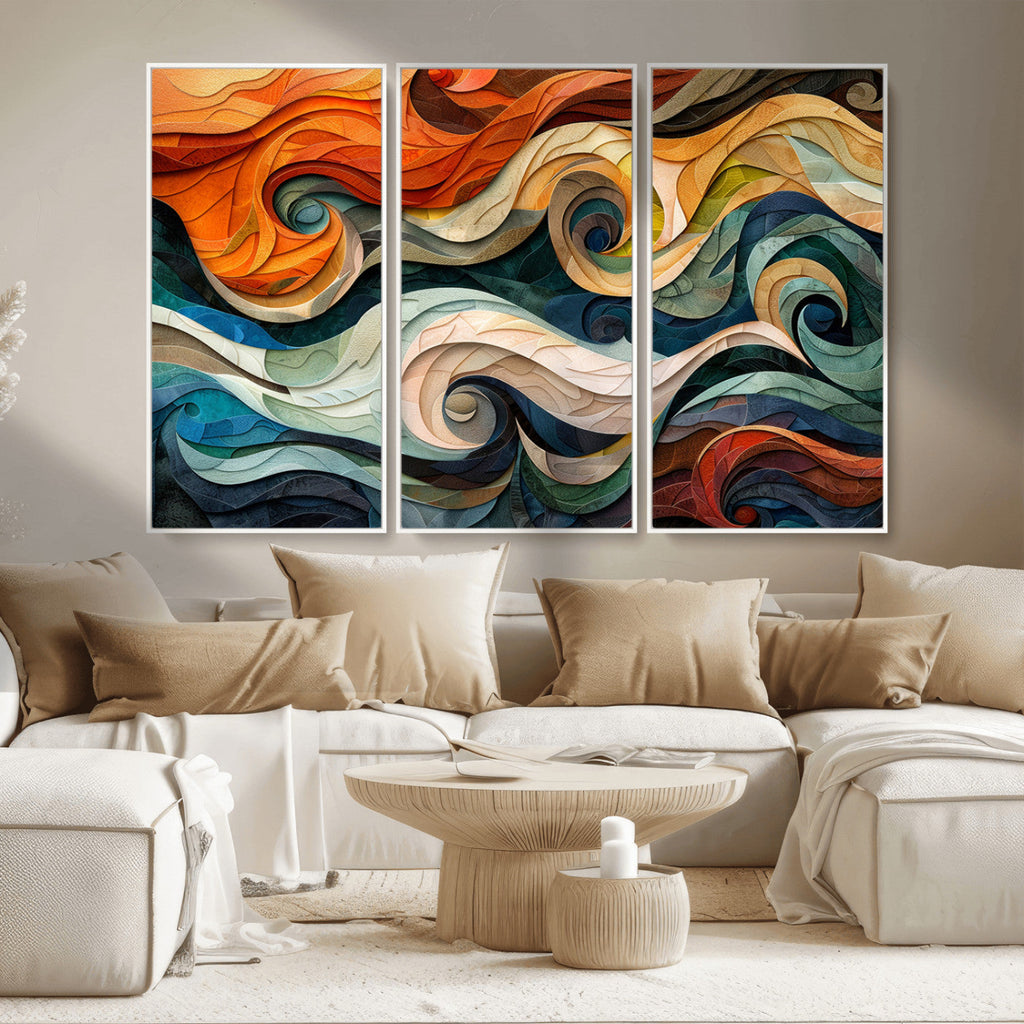 Abstract Wave Wall Art, Ready to Hang Framed Canvas Print | Extra Large 3 Piece Canvas Wall Art
