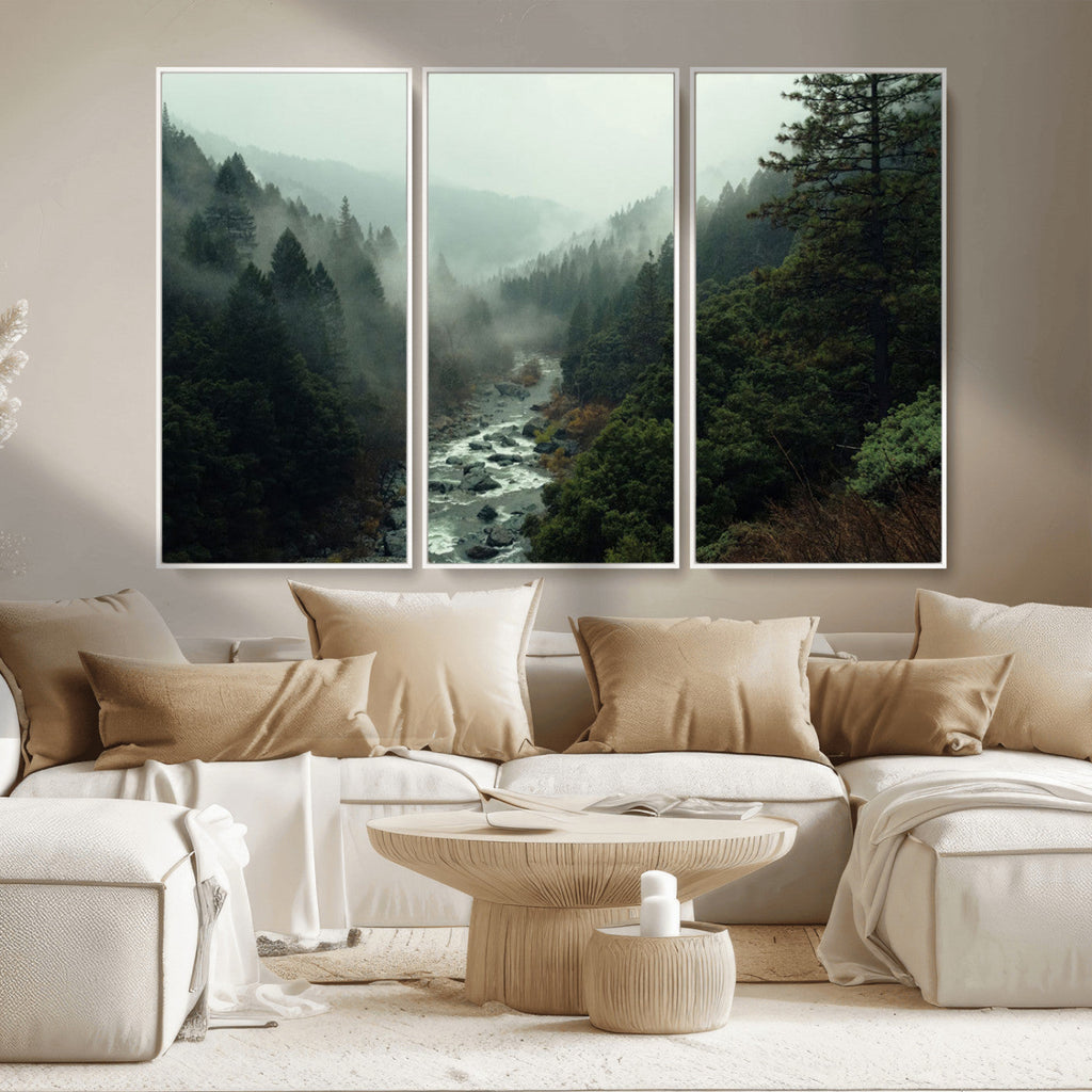 Misty Forest Wall Art, Tranquil Nature Landscape, Ready to Hang | Extra Large 3 Piece Canvas Wall Art