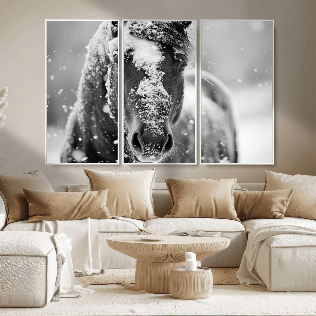 Black and White Horse Winter Wall Art, Ready to Hang