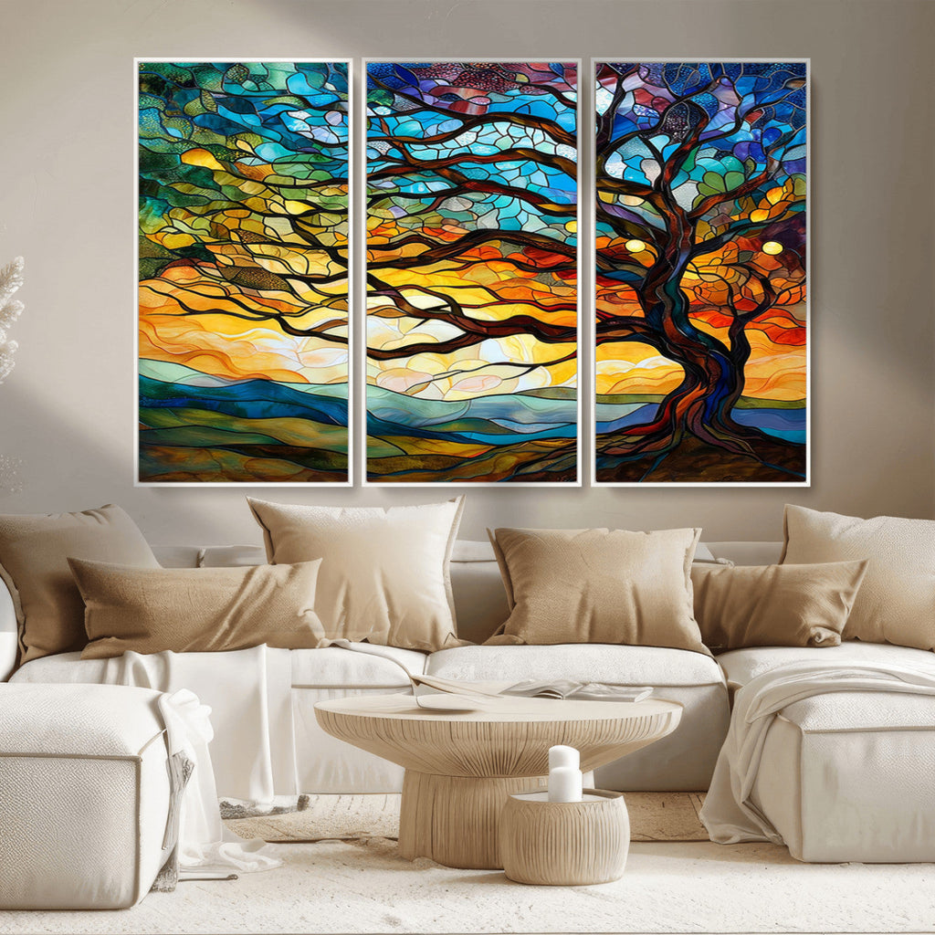 Vibrant Mosaic Tree of Life Wall Art, Stained Glass Style Canvas Print