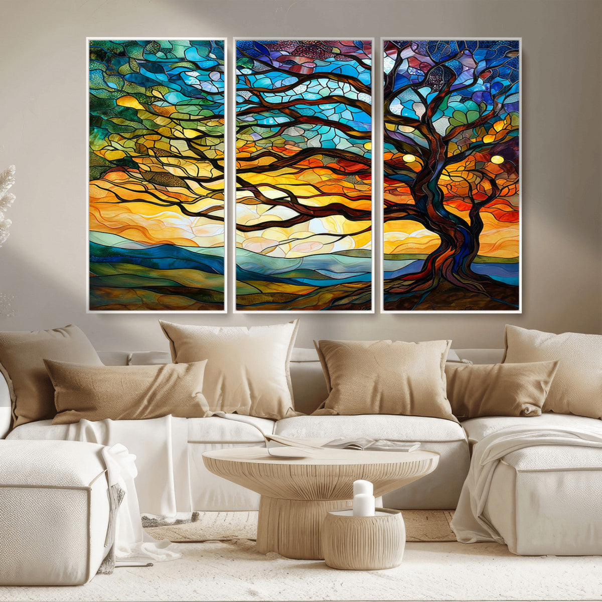 Vibrant Mosaic Tree of Life Wall Art, Stained Glass Style Canvas Print