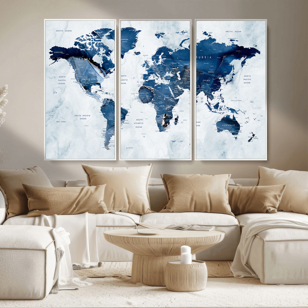 Modern Blue World Map Canvas Print | Elegant Travel Map Wall Art for Home Office