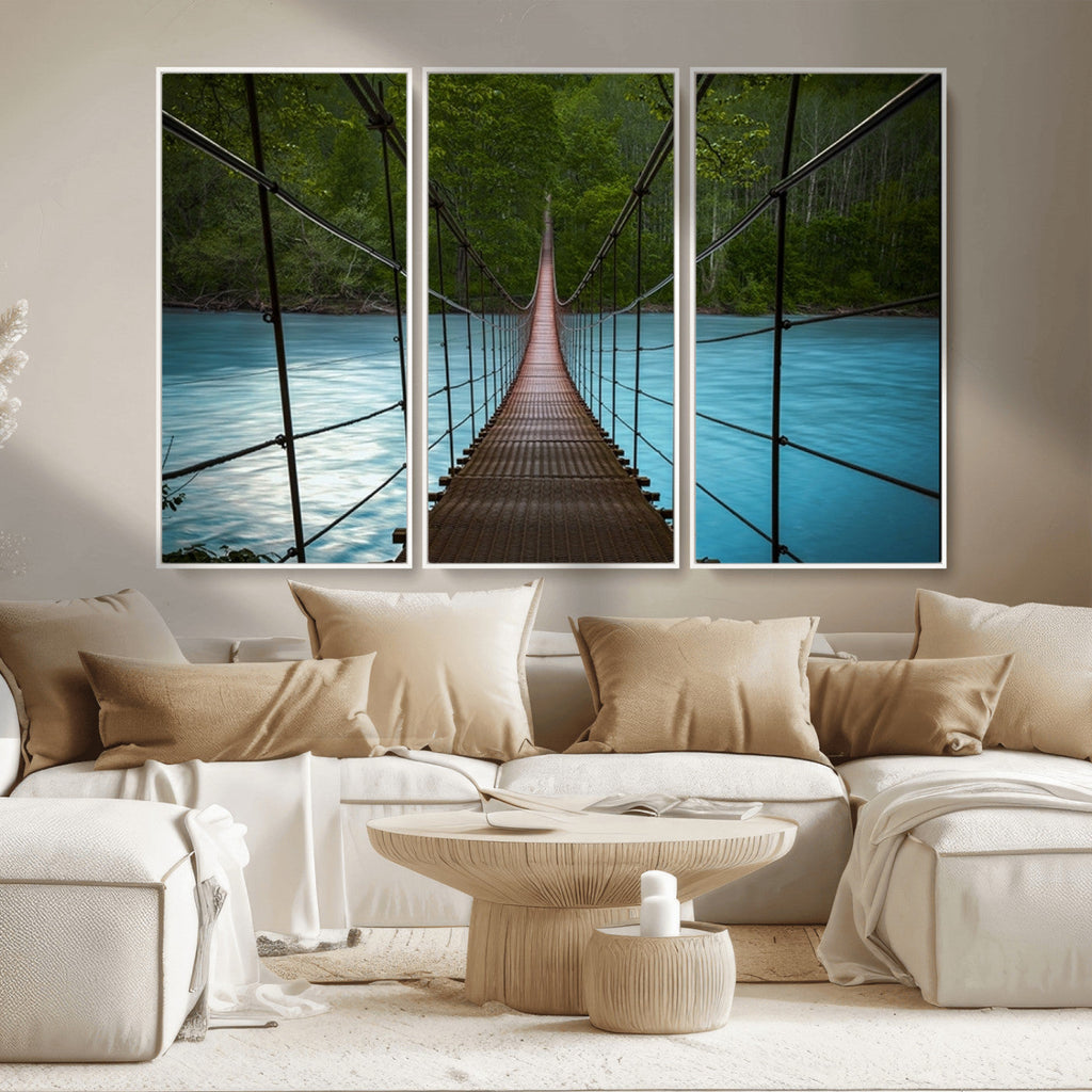 Suspension Bridge Over River Canvas Art | 3-Panel Nature Wall Art