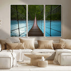 Suspension Bridge Over River Canvas Art | 3-Panel Nature Wall Art