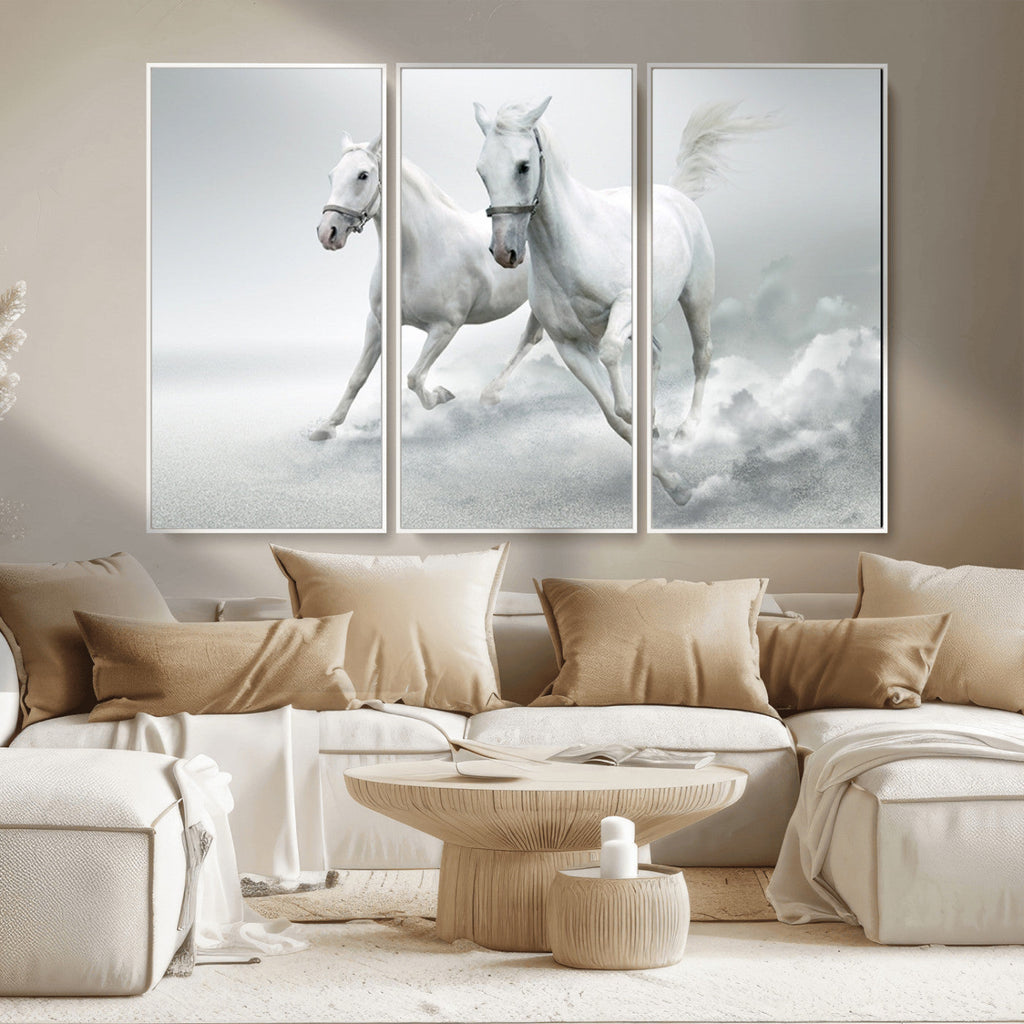 Large Wall Art Canvas Print, Beautiful Running White Horses