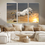 Large Wall Art Canvas Print, White Jumping Horse at Sunset