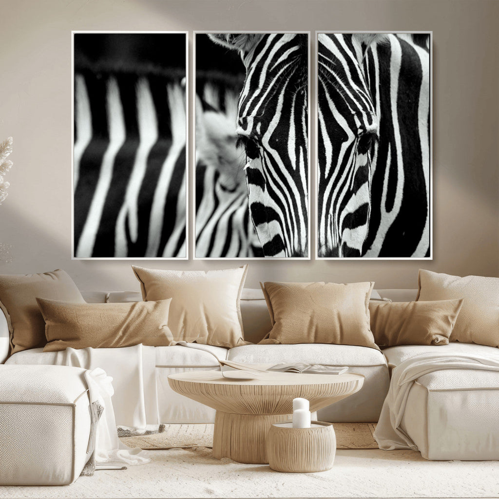 Zebra Wall Art | Zebra Close Up Canvas Print | Framed Black and White Wildlife