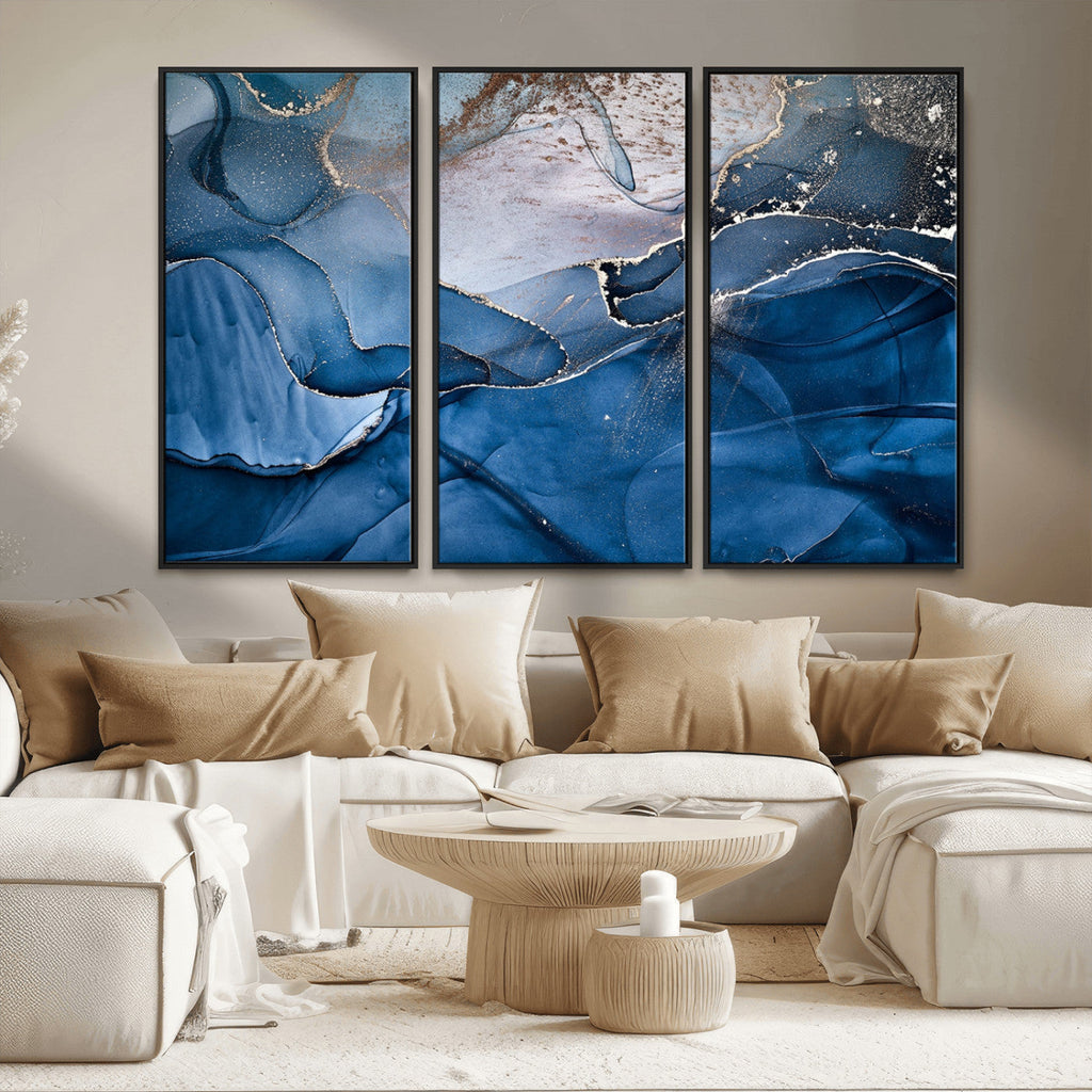 Navy Blue Canvas Art Abstract Print | Elegant Triptych Modern Art