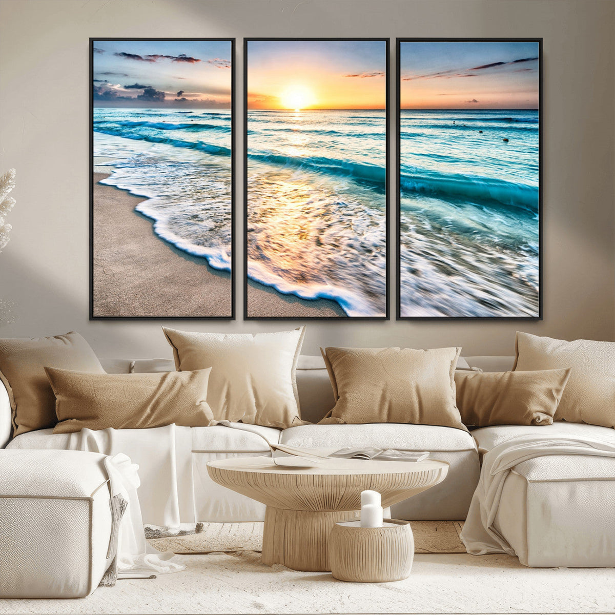 Sunset Beach Waves Canvas Wall Art | Ocean Sunset Coastal Print