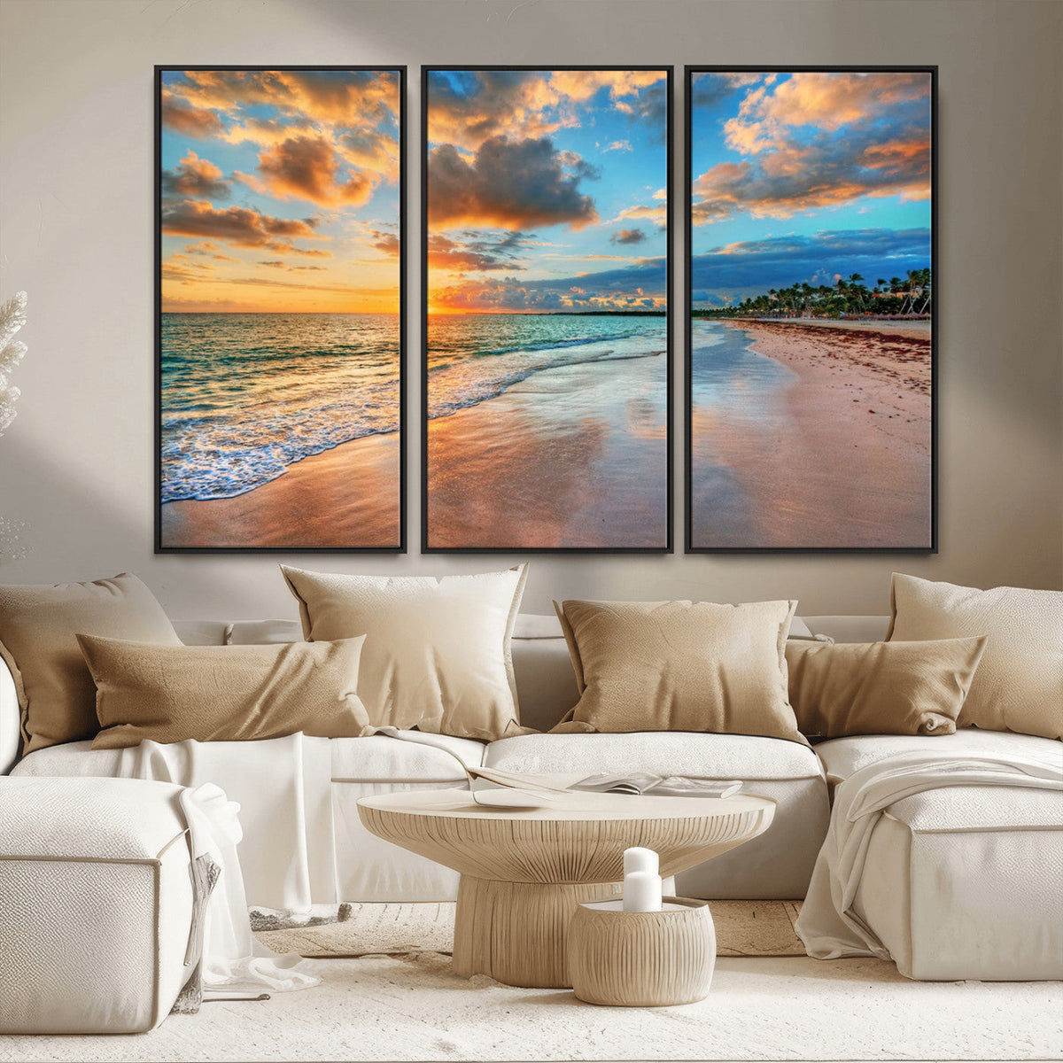 Sunset Beach Canvas Wall Art | Tropical Triptych Seascape Print