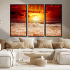 Red Sunset Ocean Beach Canvas Wall Art, Coastal Sunset Print