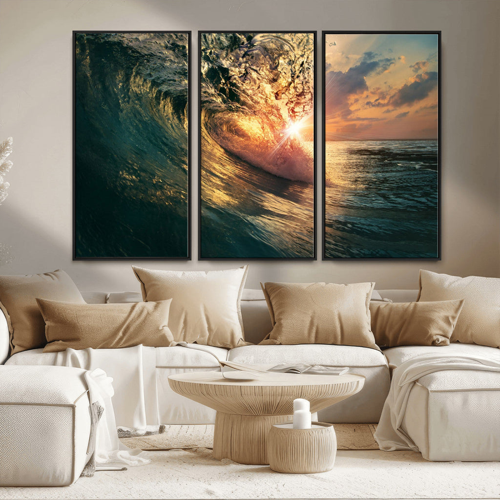 Ocean Wave Sunset Canvas Wall Art | Triptych Seascape Print
