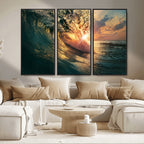 Ocean Wave Sunset Canvas Wall Art | Triptych Seascape Print