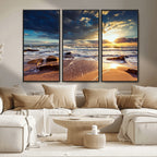 Golden Hour Beach Sunset Canvas Triptych, Ocean Waves and Rocks Wall Art