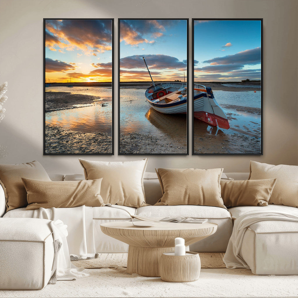 Small Boat At The Beach Sunset Wall Art, Boat Sunset Wall Art Canvas Print