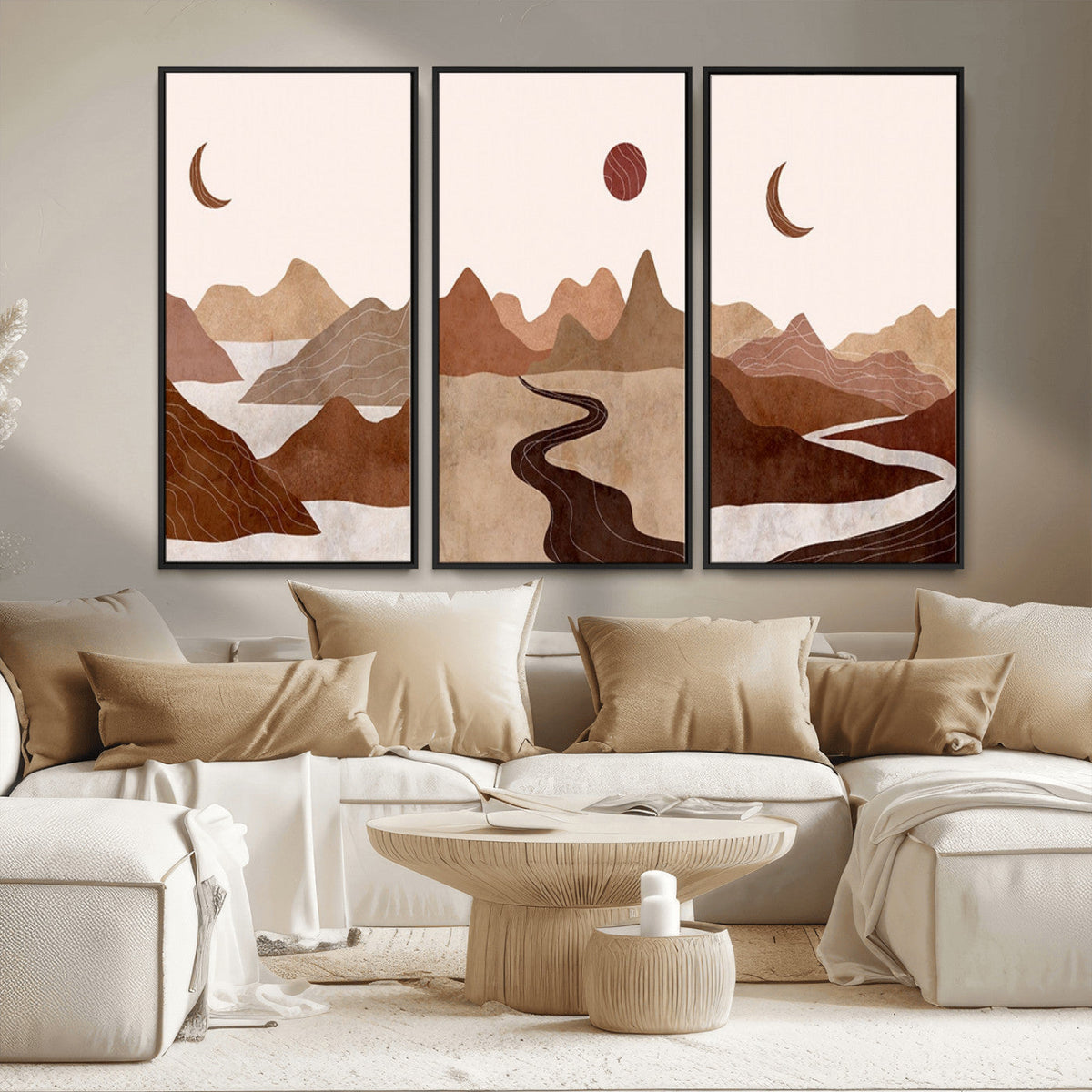 Boho Wall Art Canvas Print Set | Mid-Century Bohemian Wall Artwork, Boho Neutral