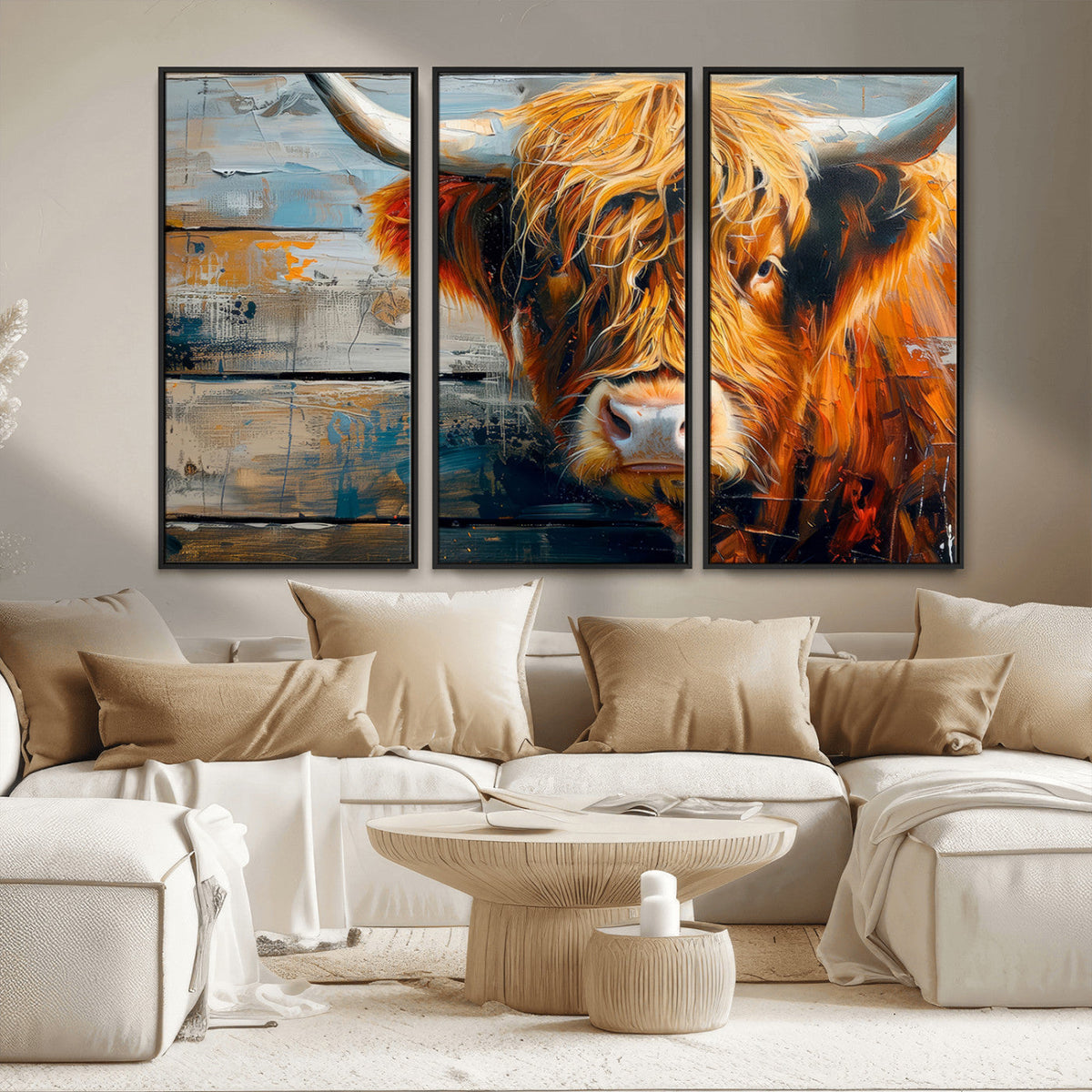 Highland Cow Abstract Canvas Wall Art, Bold Farmhouse Decor