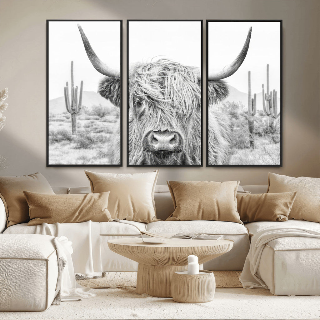 Rustic Charm, Cow Longhorn Black White Bighorn Wall Art