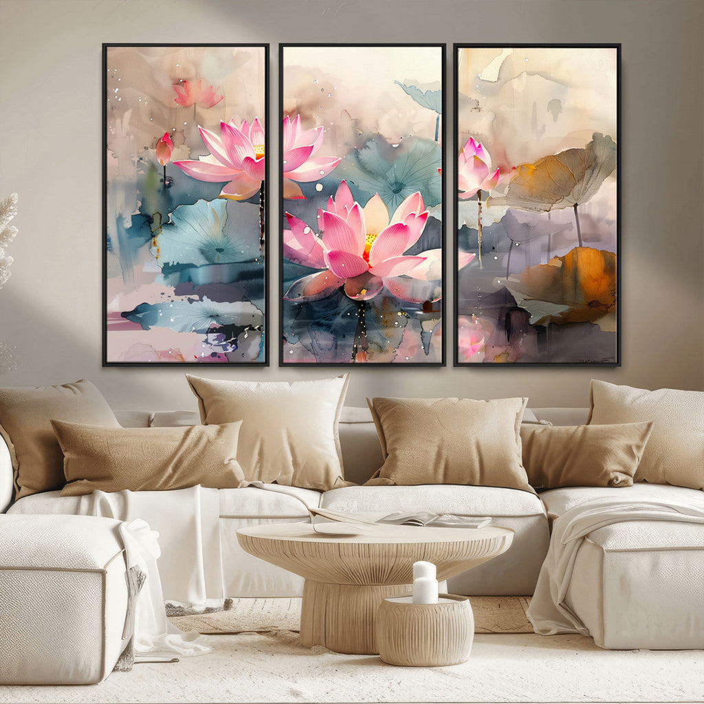 Lotus Flower Wall Art | 3 Panel Giclee Canvas Print of Pink Lotus Blossoms